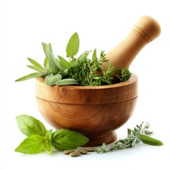 A rustic wooden mortar and pestle sits alongside fresh herbs on a pristine white surface, perfect for various culinary and herbal uses