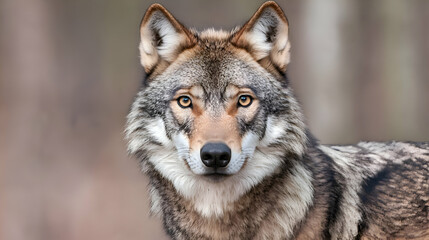 Fototapeta premium Close Up Portrait of a Gray and Brown Wolf in a Forest Setting