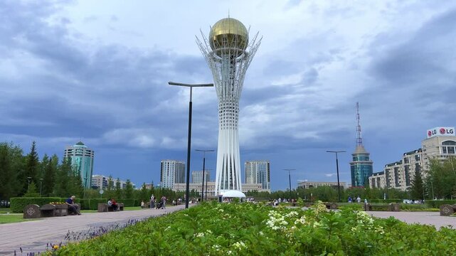 ASTANA, KAZAKHSTAN &ndash; July 30, 2023: Baiterek Tower. Monument and observation tower in Kazakhstan. The main symbol of the city against the background of modern buildings. The city of Nur Sultan. 4K