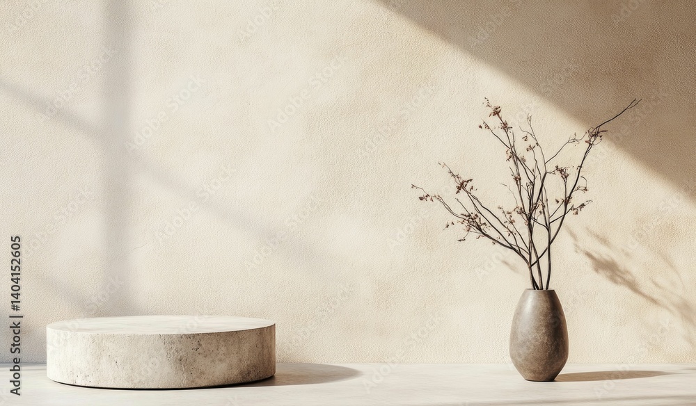 Poster elegant minimalist display podium with vase and soft window light