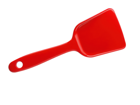 Vibrant red spatula on a white background, perfect for cooking and baking tasks.