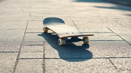 Naklejka premium Skateboard resting on textured pavement in golden hour light