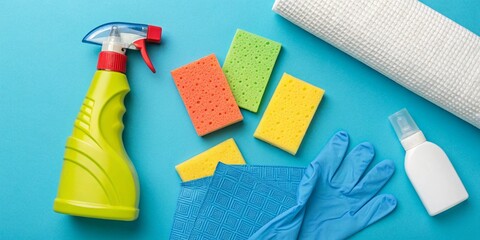 Colorful Cleaning Supplies Sponges, Spray Bottle, Gloves, and Mat on Blue Background