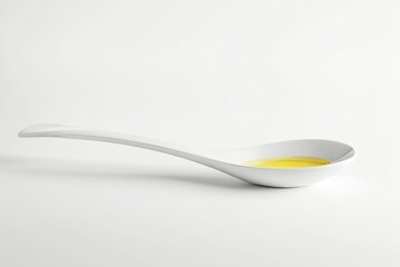 A white ceramic spoon contains a small amount of light yellow liquid, which could be oil or sauce
