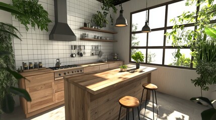 A modern kitchen with a sunny ambiance boasts wooden countertops, open shelving adorned with plants, and a minimalist design