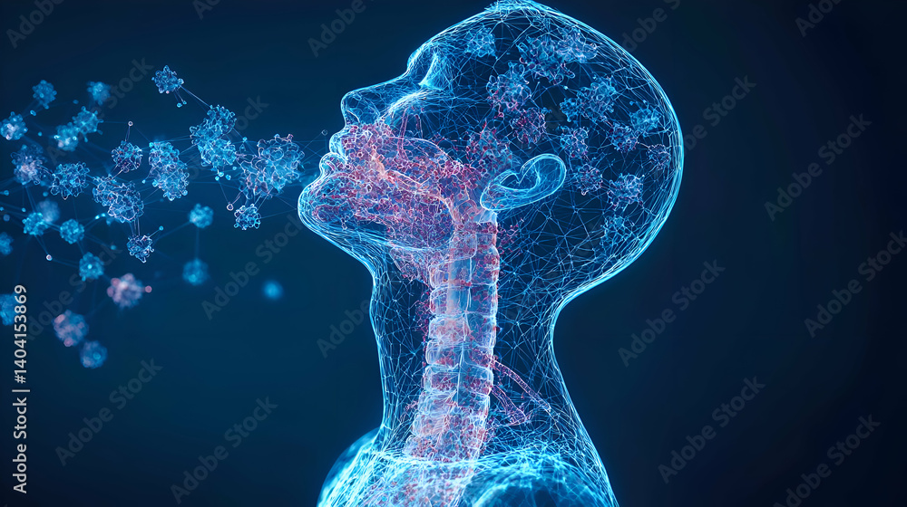 Poster abstract 3d rendering of human anatomy with virus particles, blue and red glowing dots on dark backg