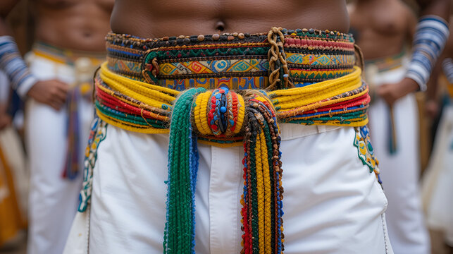 Colorful capoeira belt system set, Martial art grade, brasil culture, sport equipment and clothing. Batizado ceremony element