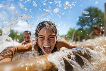 Obraz premium Children Playing In Water Splashing On Raft