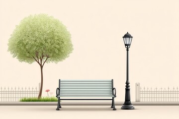 A clean vector of a bench, lamppost, and tree representing urban calm