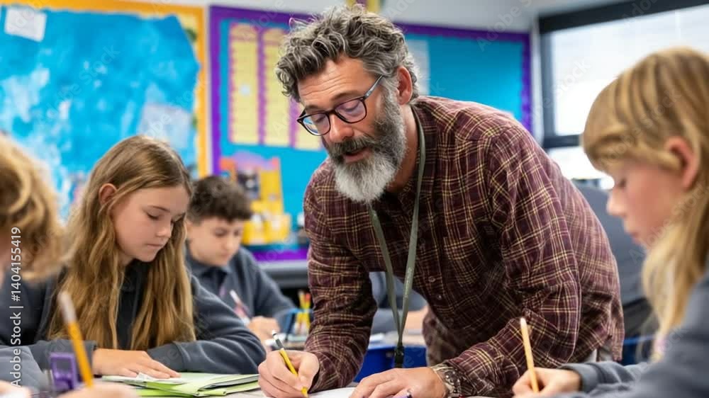 Poster teacher assisting students with writing in classroom setting generative ai