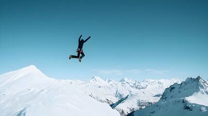 Skydiving Over Snowy Mountain Peaks In Bright Blue Sky With Sunlight