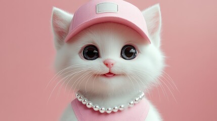 Adorable White Kitten with Pink Cap and Pearl Necklace on a Pastel Background