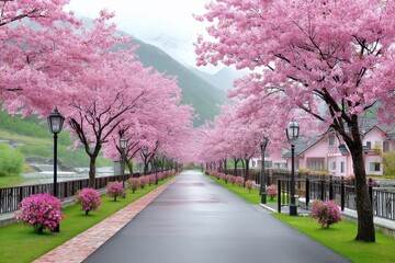 A peaceful countryside road lined with cherry blossoms in bloom