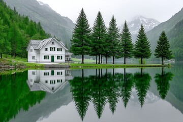 Fototapeta premium A peaceful lake reflecting trees near a village