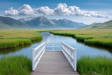 A river crossing a meadow with a wooden bridge in the distance