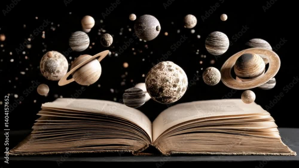 Poster book floating in space surrounded by planets and celestial bodies generative ai