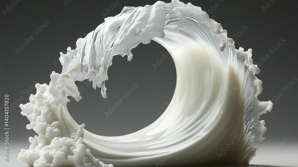 Poster abstract representation of a dynamic wave made of white material, showcasing fluid motion