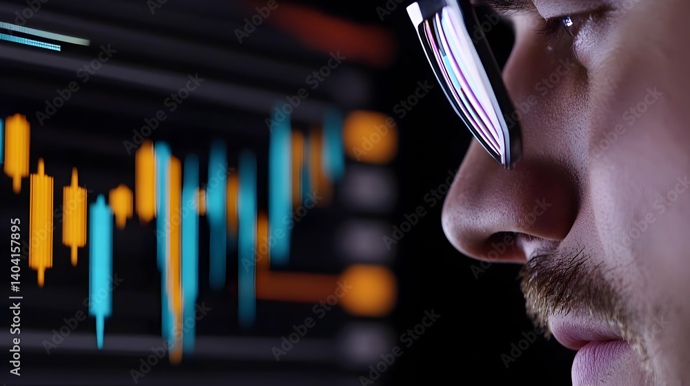 Poster focused man analyzing stock charts on computer monitor