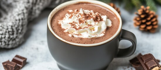Cozy indulgence: A delightful mug of hot cocoa adorned with fluffy whipped cream