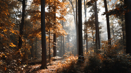 Obraz premium Misty Autumn Forest at Sunrise – Ideal for Wall Art, Meditation Background, Website Banner, Video Thumbnail, Seasonal Design