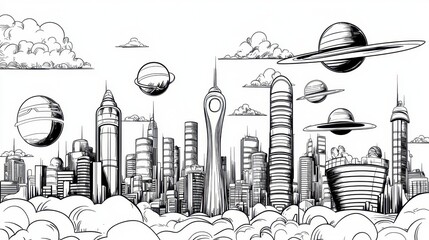 Obraz premium Futuristic Cityscape with Planets Above