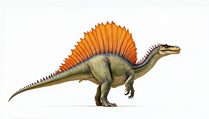 Fototapeta premium Spinosaurus with sail-like spine stands against white, sail in focus, evoking power, mystery.Learn about Spinosaurus habitatExplore other prehistoric predators