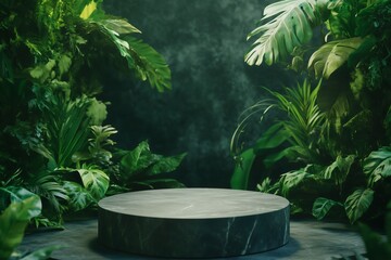 Natural Green Jungle Podium for Product Display, Lush Tropical Foliage Background with Stone Platform for Organic and Sustainable Product Showcasing