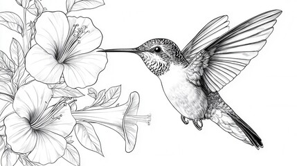 Fototapeta premium Hummingbird Feeding on Flower Outline Art