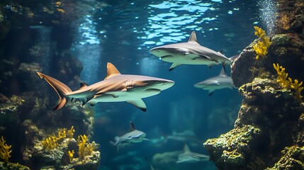 Dynamic sharks swimming effortlessly through deep ocean with glowing rays high resolution image