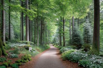 Obraz premium Serene forest path surrounded by tall green trees and dappled sunlight