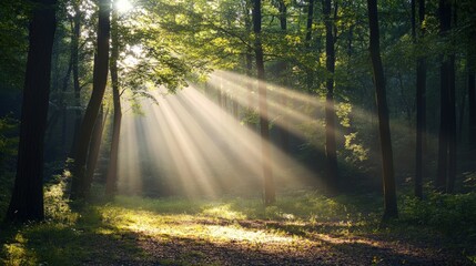 Obraz premium Sunlight streams through tall trees creating a magical forest scene