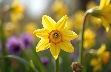 Fototapeta premium Close-up shot of vibrant yellow daffodil flower. Petals reveal orange center. Flower blossoms in spring garden. Fresh bloom evokes sunny mood, joy. Nature, botanical, floral art.