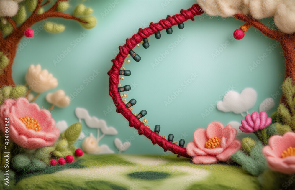 Poster a whimsical, claymation-style scene. there are trees, flowers, clouds, and a curving, illuminated re