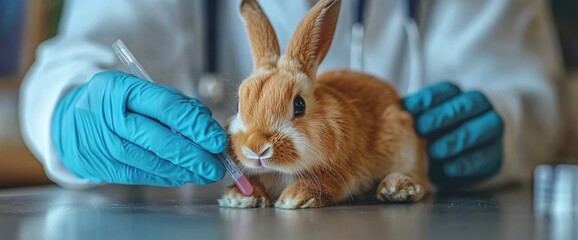 Vet examining rabbit, clinic background