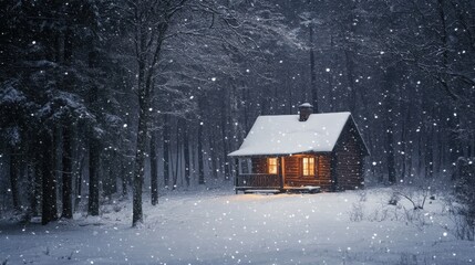 A warmly lit cabin nestled within a snowy woodland environment