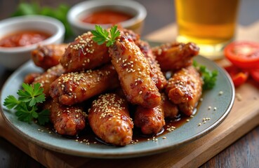 Fototapeta premium Delicious chicken wings glazed in soy sauce served on plate. Sesame seeds sprinkled. Chili pepper sauce, tomatoes, beer glass create perfect pub restaurant food photo for food blog culinary magazine.