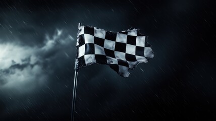 Checkered flag in a stormy rain, a weathered checkered flag waving in a torrential downpour
