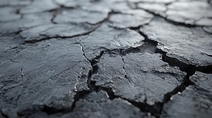 Detailed close-up showcases the intricate network of fissures in parched, gray earth