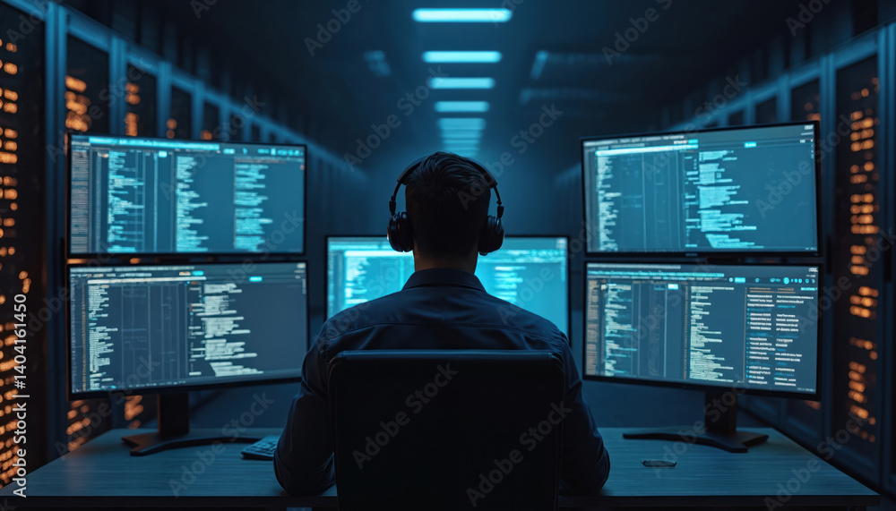 Aufkleber Man works in server room at night. Monitors display code. Data center engineer with headset, computer screens. Concept of data processing, system administration, cyber security and AI.
