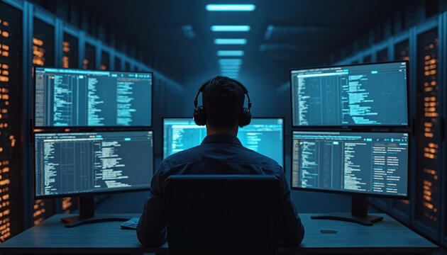 Man works in server room at night. Monitors display code. Data center engineer with headset, computer screens. Concept of data processing, system administration, cyber security and AI. - Powered by Adobe