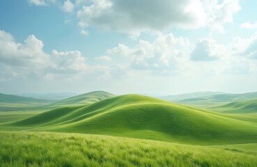 Naklejka premium Rolling green hills at summer day with blue sky and clouds. Panoramic view of the meadow, natural landscape, warm light and soft shadows. Scenic countryside view. Concept of freedom, nature, travel.