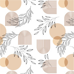 Leaves and geometric abstract decorative pattern boho style