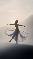 Timeless Elegance: A Graceful Dancer's Poetic Pirouette Against an Ethereal Backdrop of Light and Shadows.
