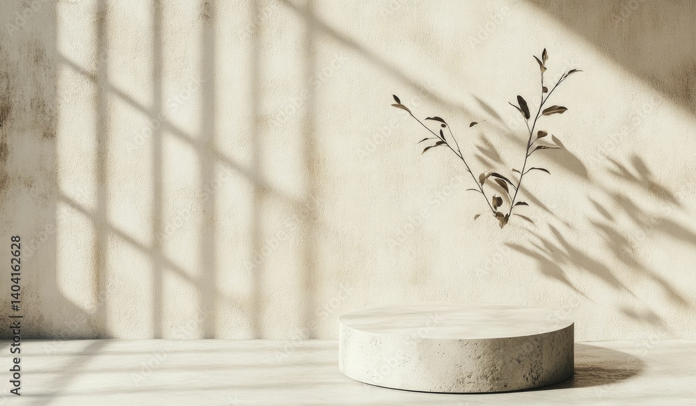 Poster elegant podium with branch and window shadows for product display