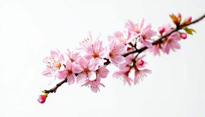 Fototapeta premium Sakura bouquet with dewdrops, soft pink petals, white backdrop, vivid, fresh, spring beauty.