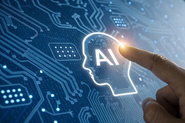 AI Era: A human finger interacts with an AI interface, symbolizing technological advancement in a futuristic setting.