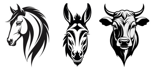 Set of farm animals, black and white. Horse, donkey, cow