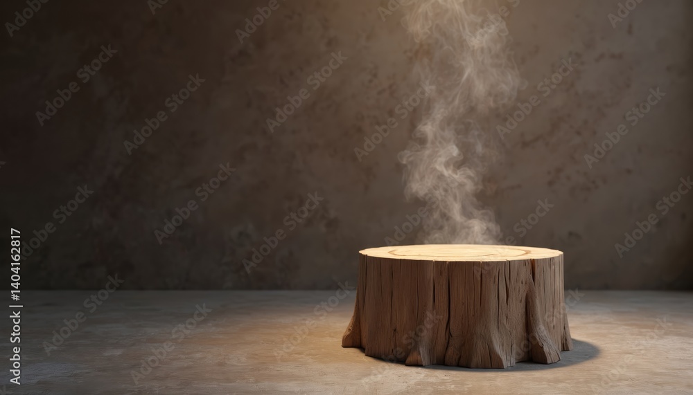 Poster wooden stump illustration in dark room with smoke. 3d rendering of oak tree trunk on studio backgrou