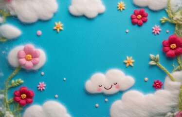 A cheerful blue background adorned with fluffy white clouds, smiling cloud, pink and red felt flowers, and tiny stars.  Perfect for crafting inspiration or a whimsical design.