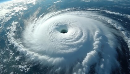 Aerial view of massive hurricane over ocean. Extreme weather natural disaster. Eye of storm, swirling clouds, heavy rain, wind. Climate change, catastrophic consequences. Disaster relief, emergency